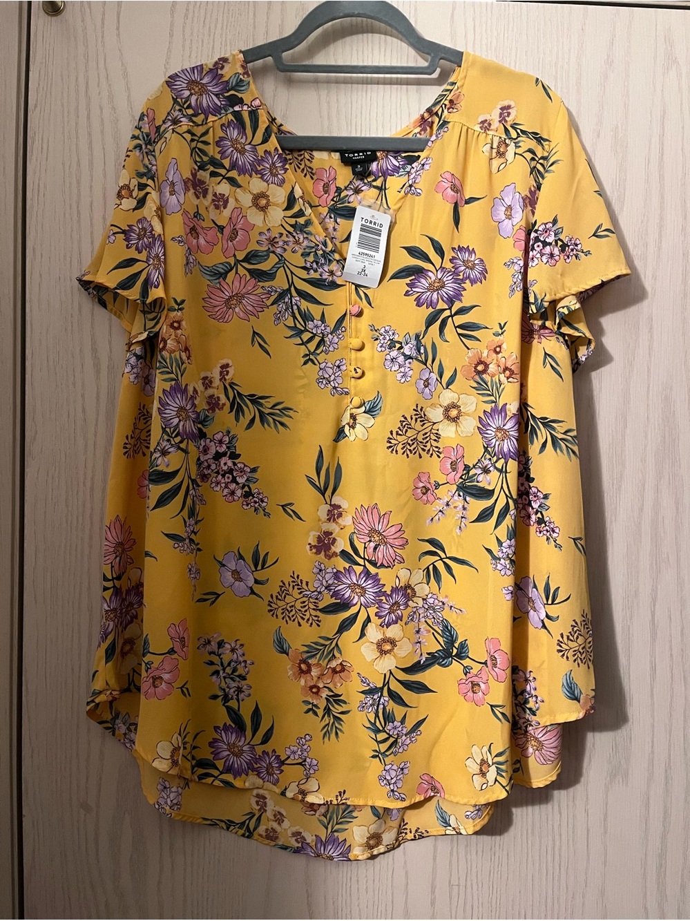 torrid Mustard Yellow Floral Button-Front Short Sleeve Blouse